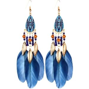 Faux Blue Feather Dream Catcher, Bohemian Fringe Long Drop Dangle, Earrings